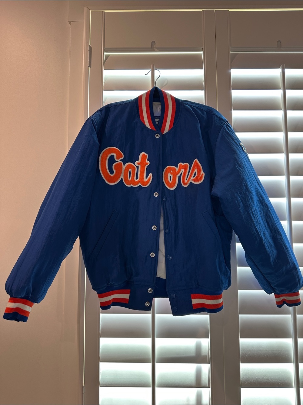 STARTER Blue Satin Bomber Jacket with orange & White Trim
